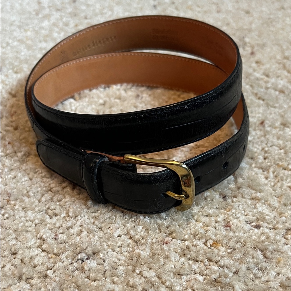 Martin Dingman Men’s Alligator Grain Black Leather Belt with Gold Buckle